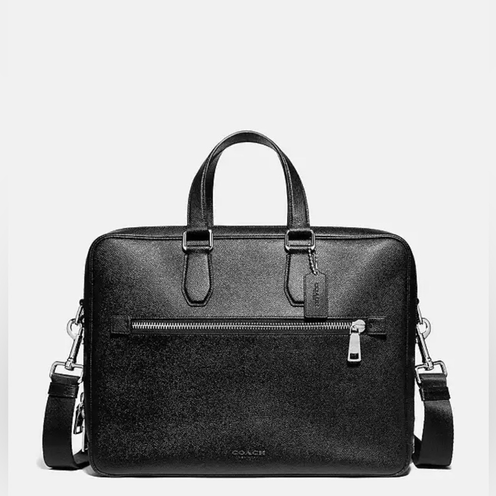 Coach Kennedy Double Zip Brief Briefcase Computer Bag Pebbled Black Leather